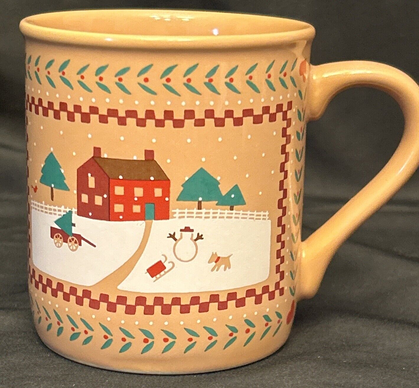 Vintage Farmhouse Christmas Coffee Tea Mug Tree Snowman Sled Dog 1985 Hallmark