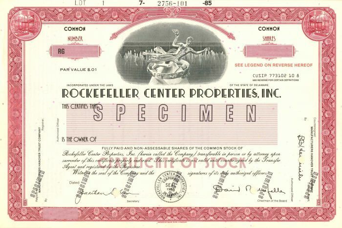 Rockefeller Center Properties - Awesome Vignette - Specimen Stock Certificate - 