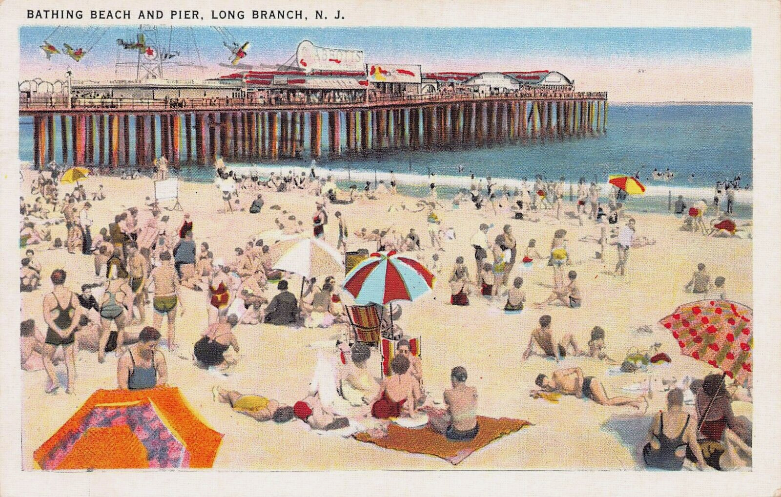 Bathing Beach and Pier, Long Branch, New Jersey, 1936 Linen Postcard, Used