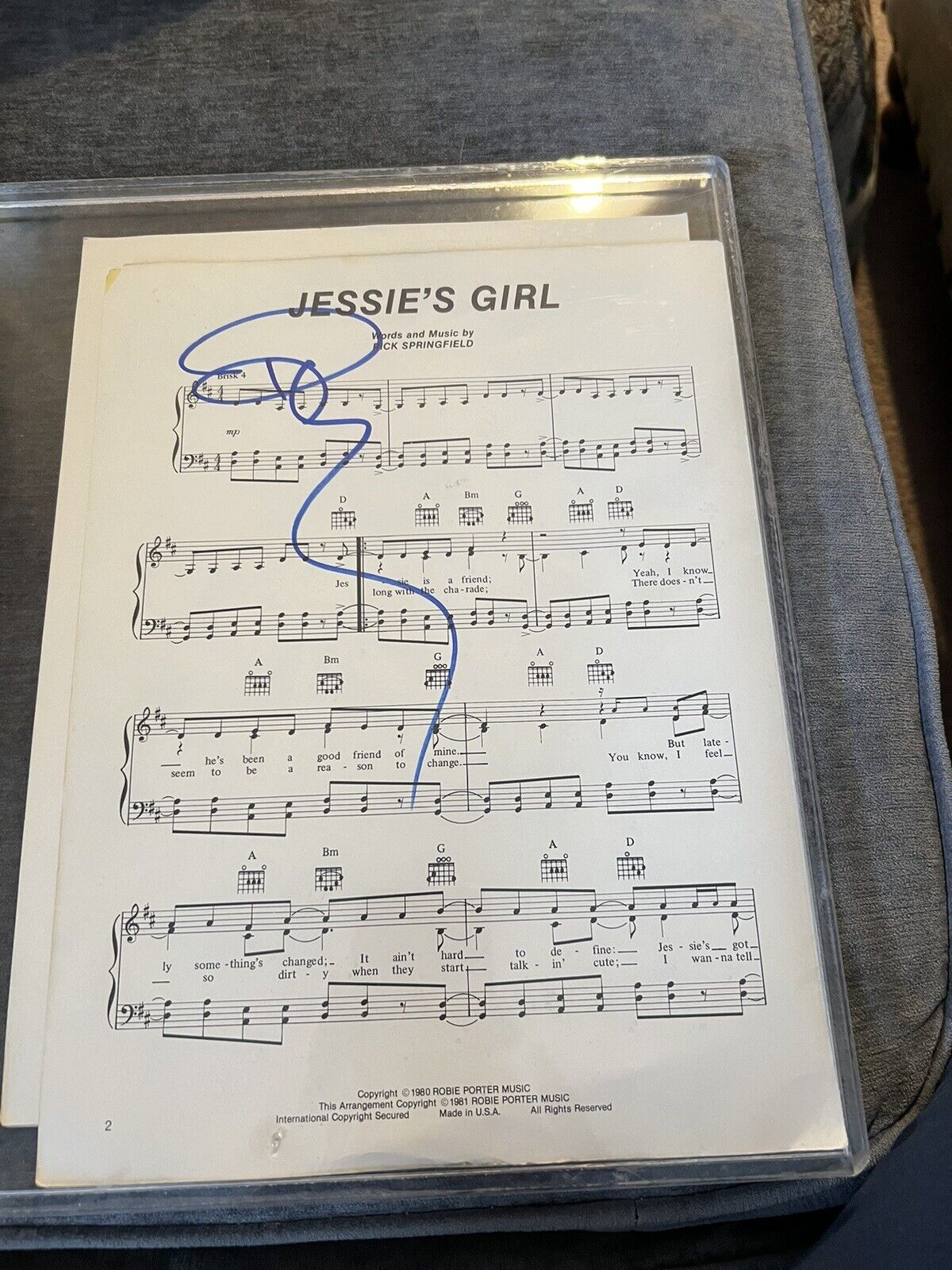 Rick Springfield Autographed Jessie’s Girl Sheet Music.