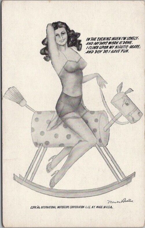 1946 Artist-Signed MEYER LEVIN Mutoscope Card Bathing Suit Girl on Rocking Horse