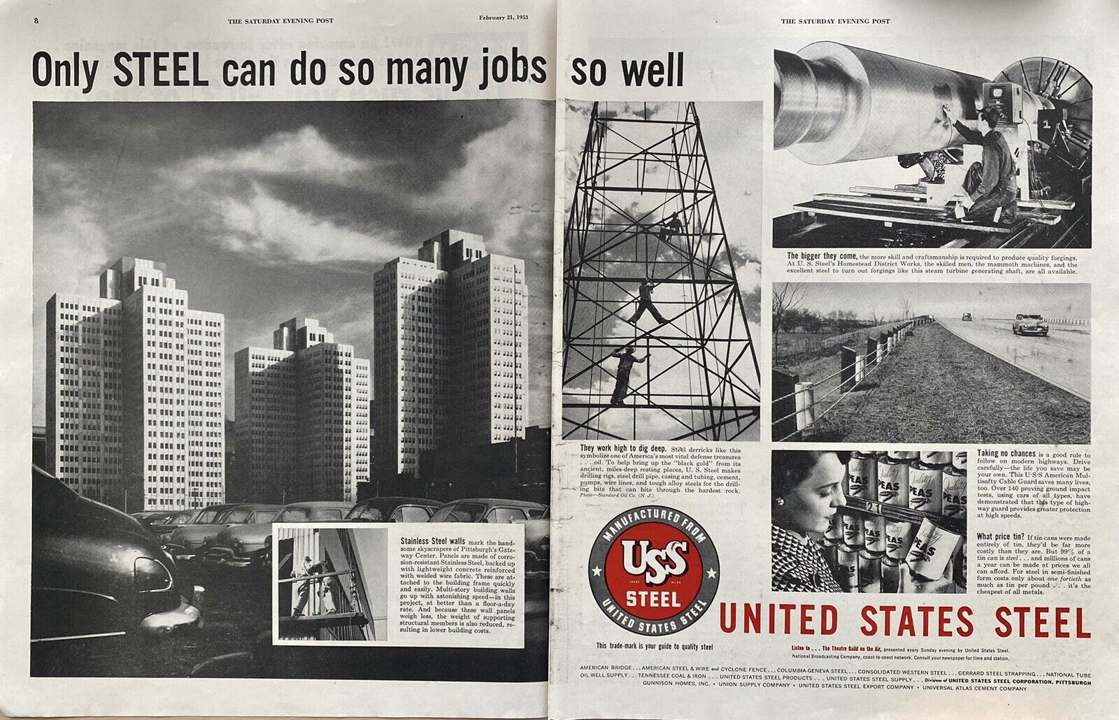 Vtg Print Ad 1953 United States Steel Two Page Ad Retro Home Wall Art Garage