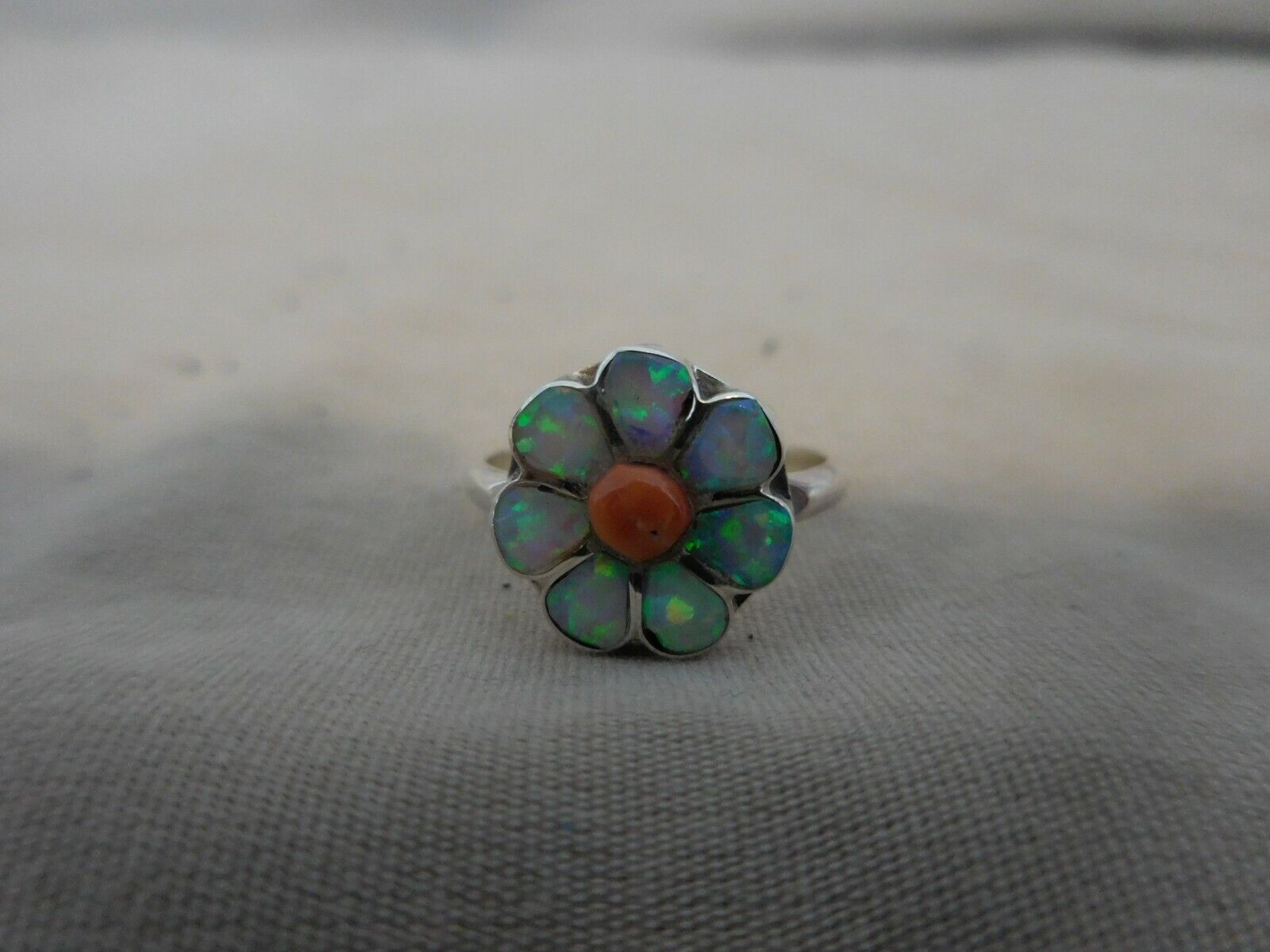 Zuni inlaid Flower sterling silver  Ring Sherry Shebola   Size 3 1/2     41822