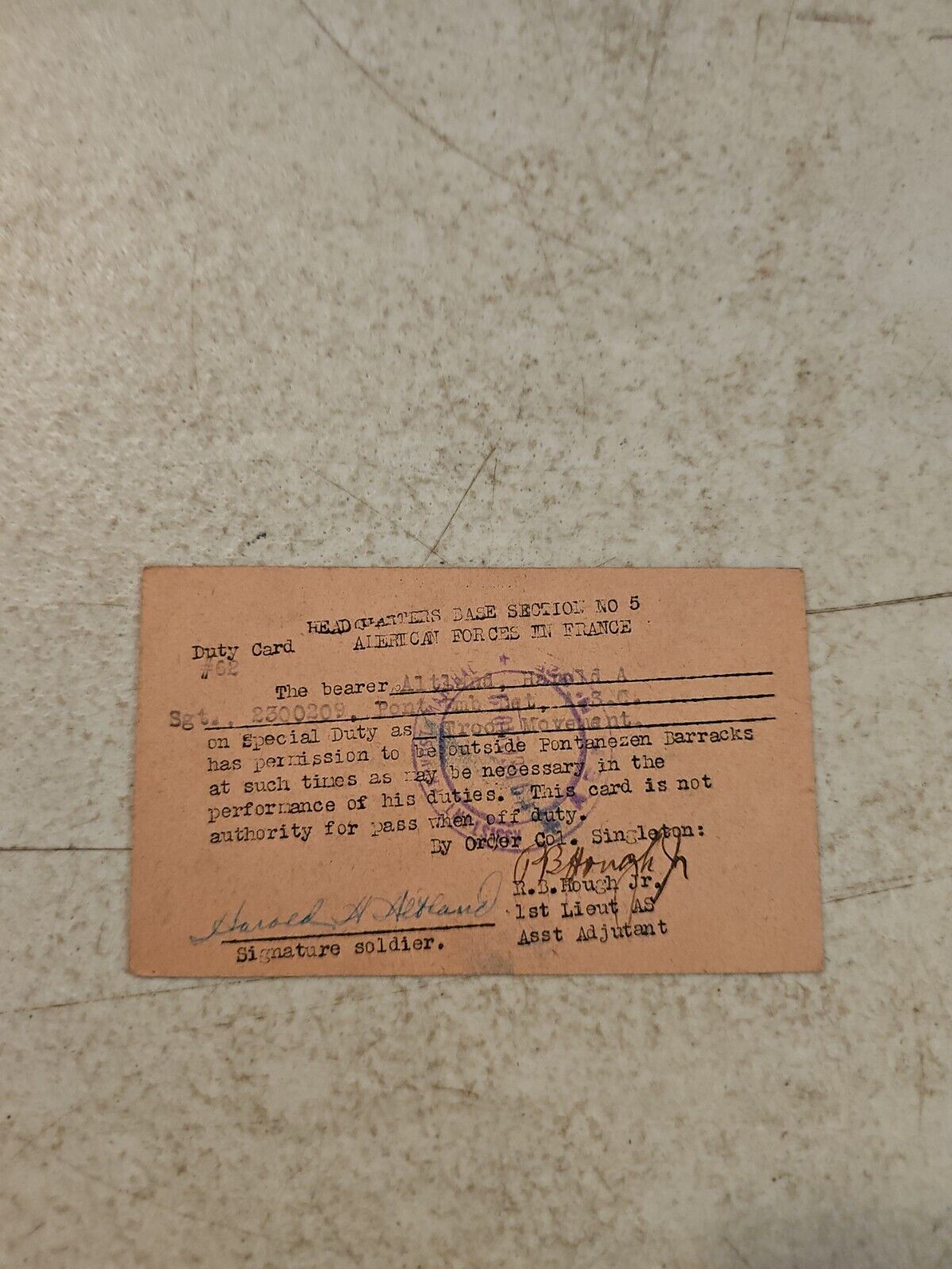WWI Special  Duty Card For Sgt. Harold A Altland For Troop Movement In France