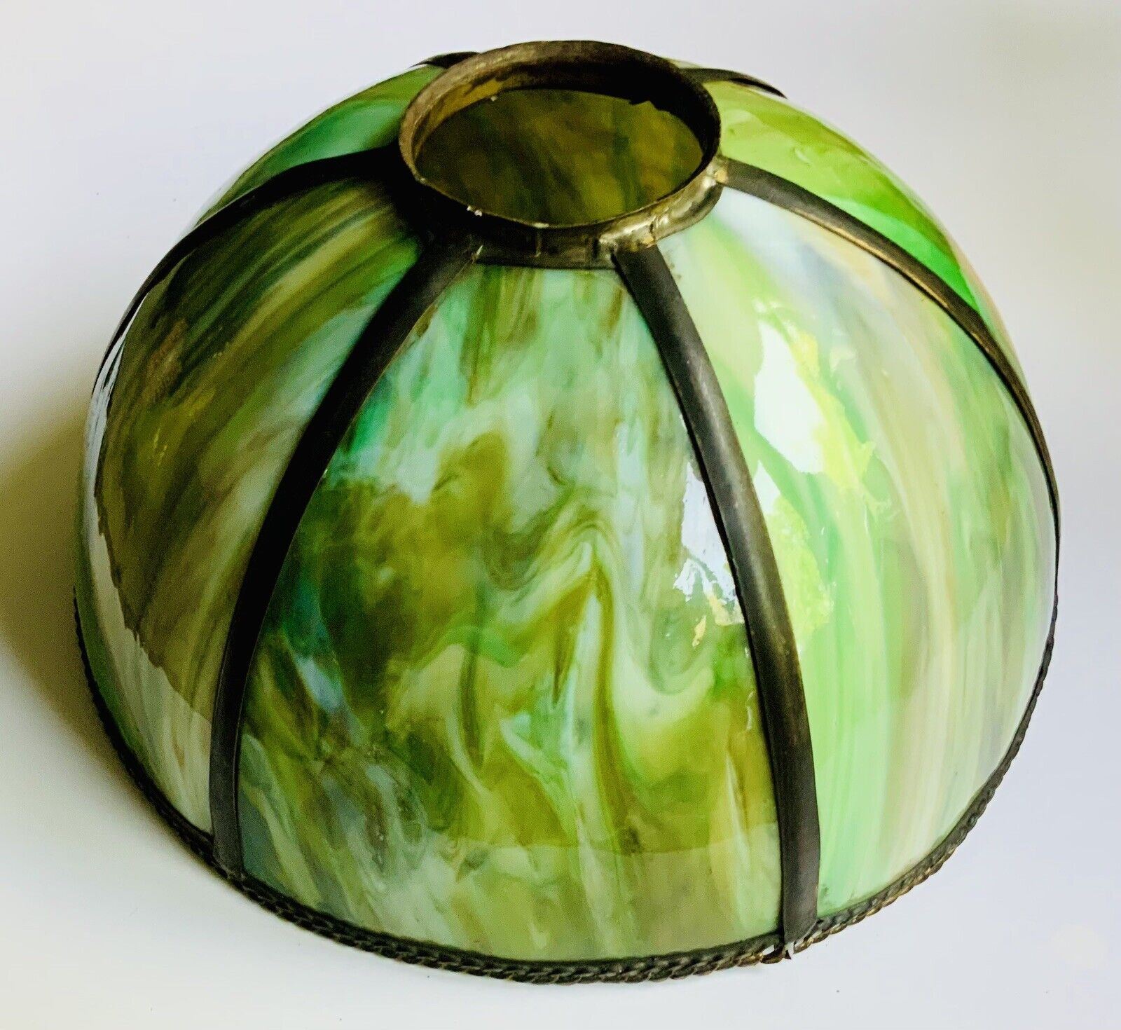 Antique Vintage Green Slag Glass Hand Leaded Lamp Shade Tiffany Style Gorgeous