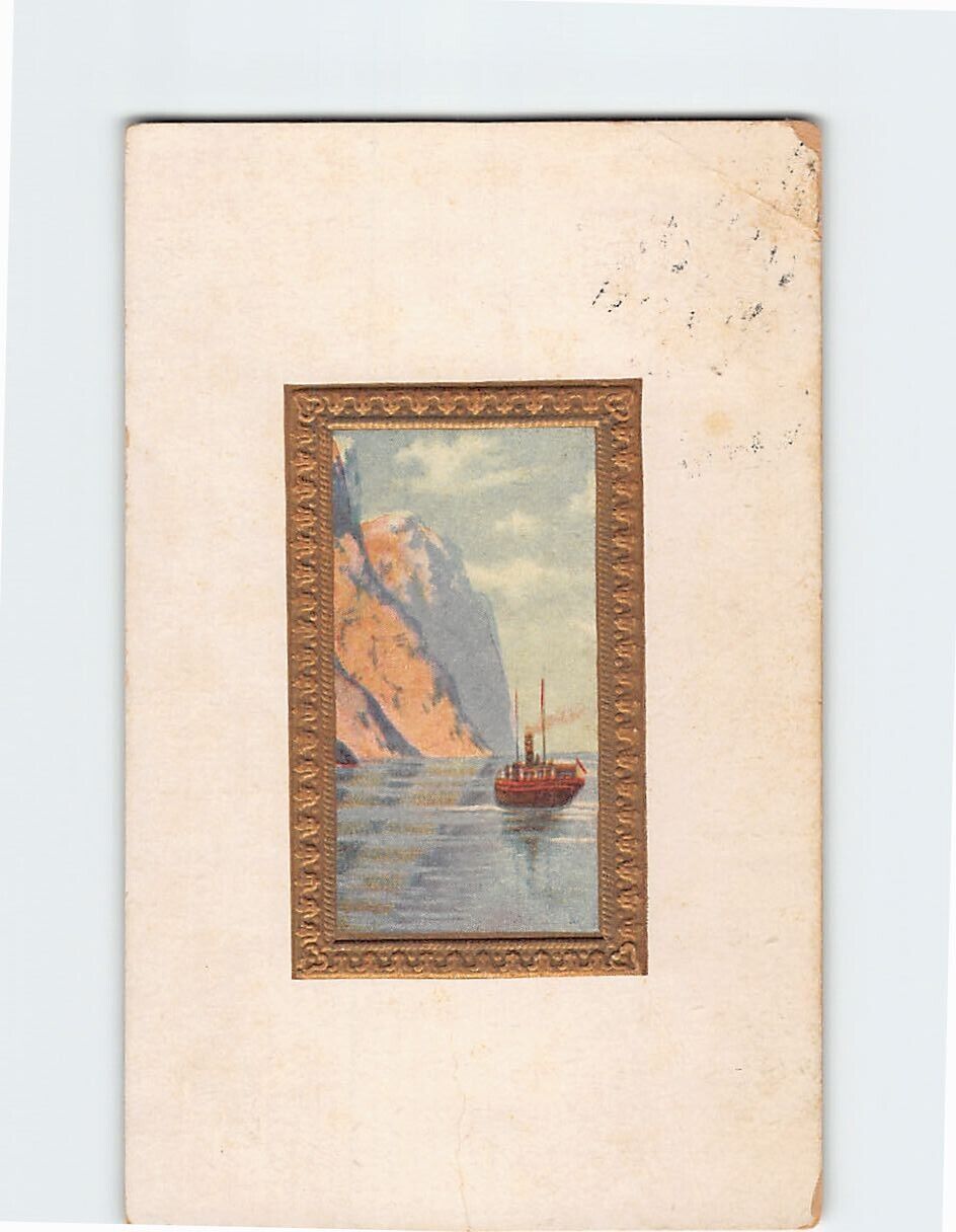 Postcard Greeting Card with Ship Lake Landscape Scene Embossed Art Print
