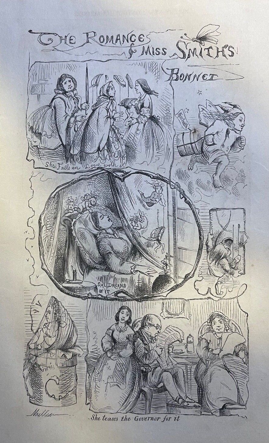 1862 Vintage Magazine Illustration The Romance of Mrs. Smith's Bonnet