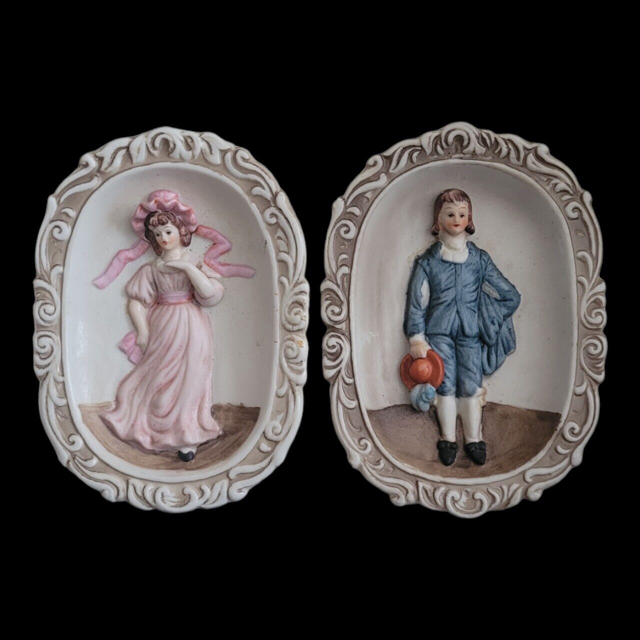 Vintage Lefton China Blue Boy & Pinkie 3D Wall Plaques