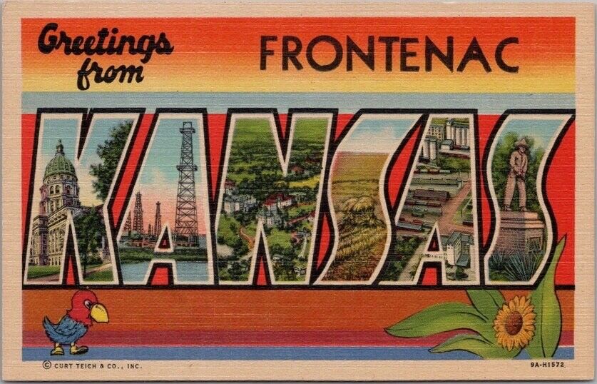 Vintage 1939 FRONTENAC, KANSAS Large Letter Postcard Curteich Linen / Unused