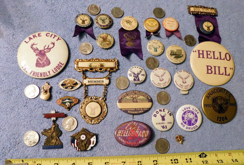 Vintage BPOE ELKS Lodge Pin Ribbon Button 1901 & Up 25 Pin Lot Elks Hello Bill