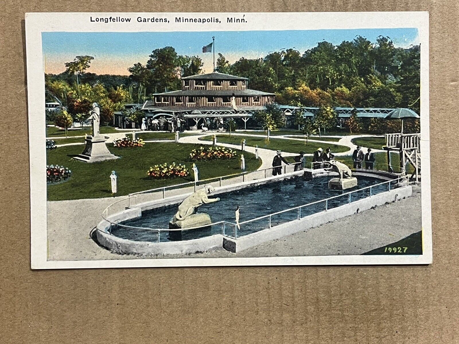 Postcard Minneapolis MN Minnesota Longfellow Gardens Bear Statue Vintage PC