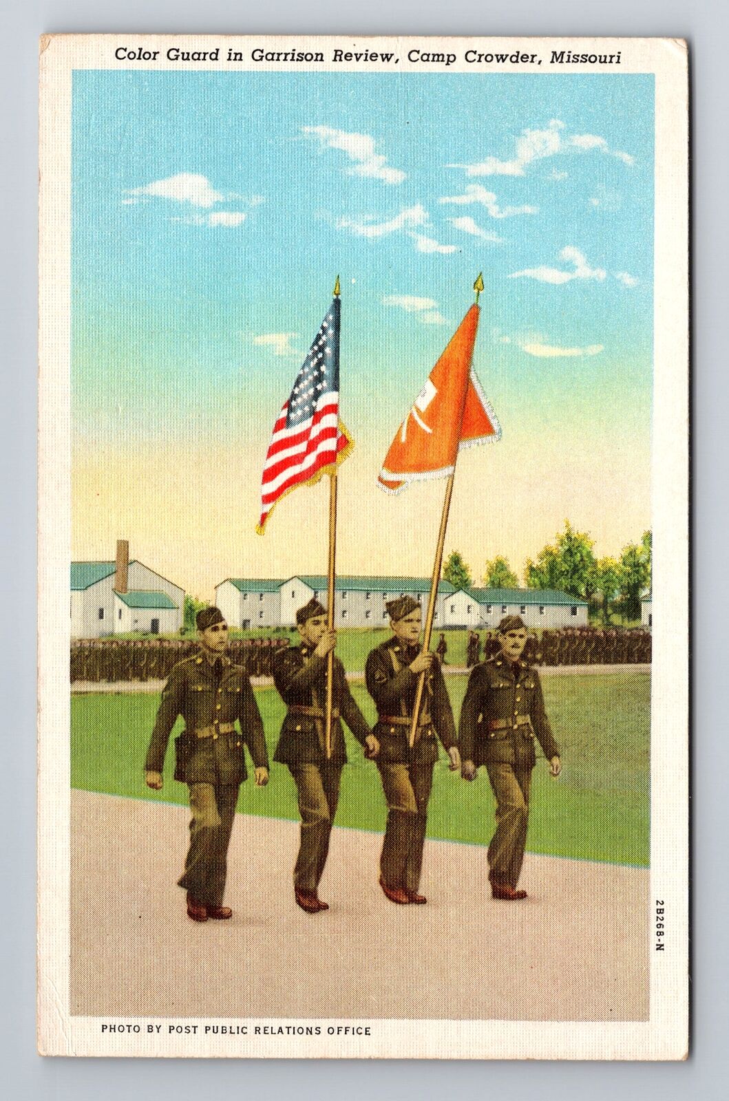 Camp Crowder MO-Missouri, Color Guard In Garrison Review, Vintage Postcard