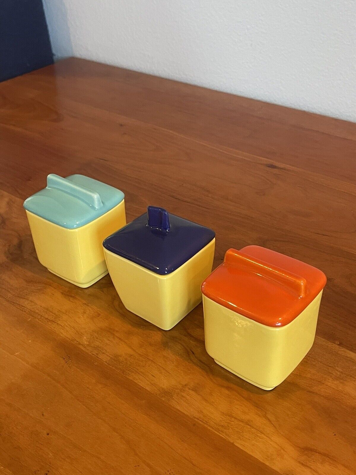 3 Vintage antique Franciscan Ware yellow kitchen containers with lids mint new