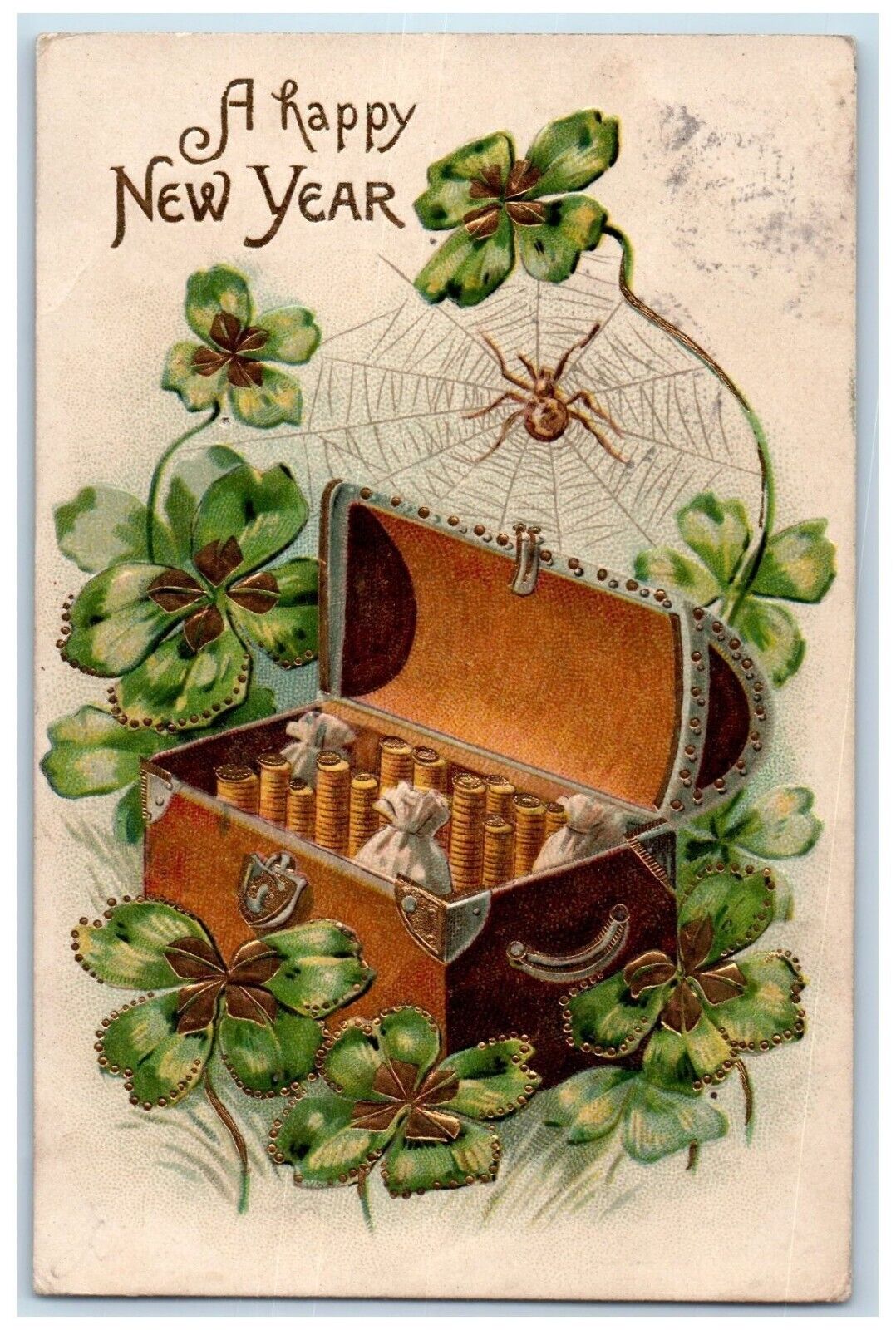 c1910\'s New Year Box Sacks Of Coins Clover Spider Web Embossed Antique Postcard