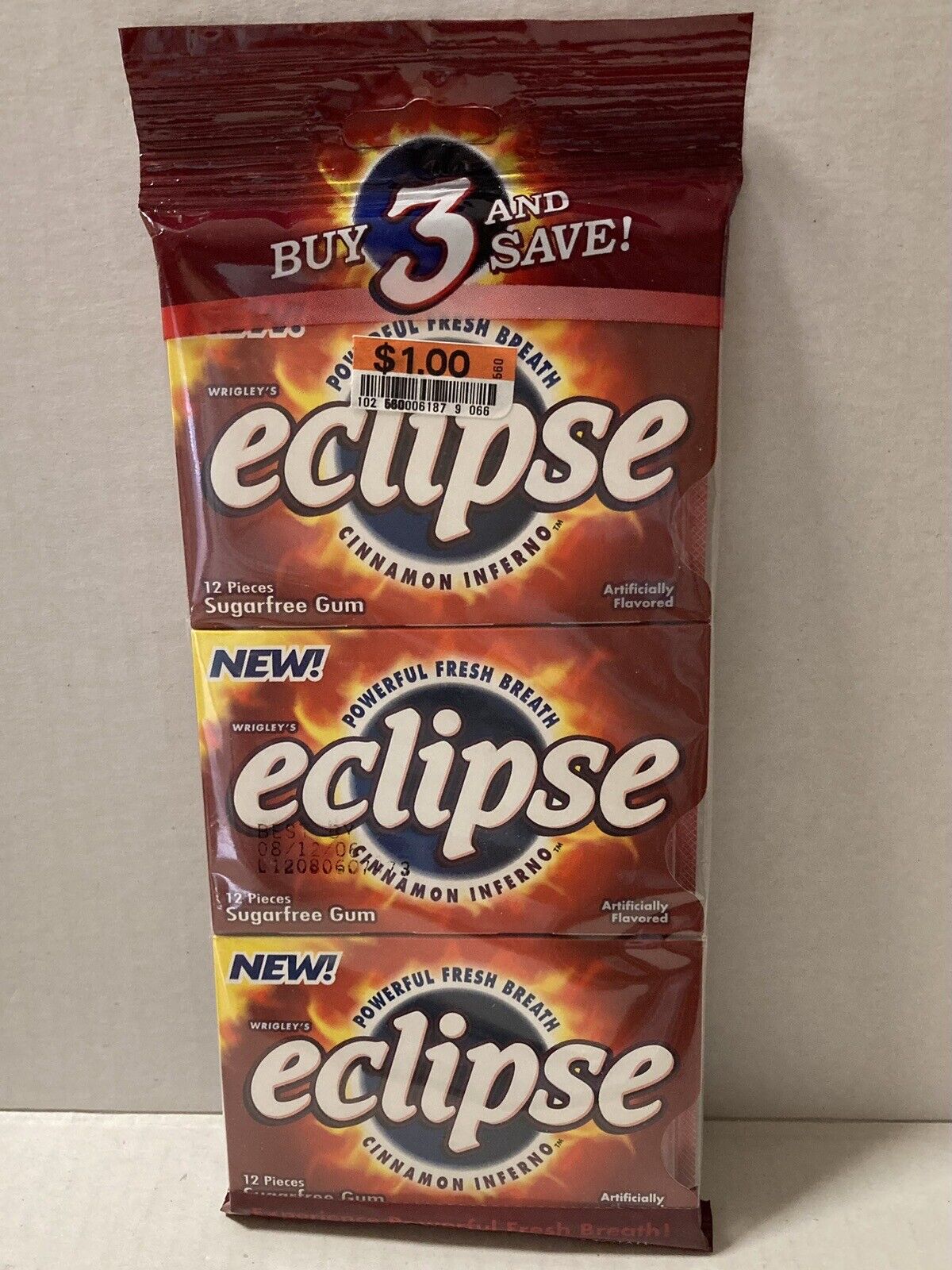 Vintage Wrigley ECLIPSE CINNAMON INFERNO Chewing Gum Pack Full 3 Pack 12 Pieces