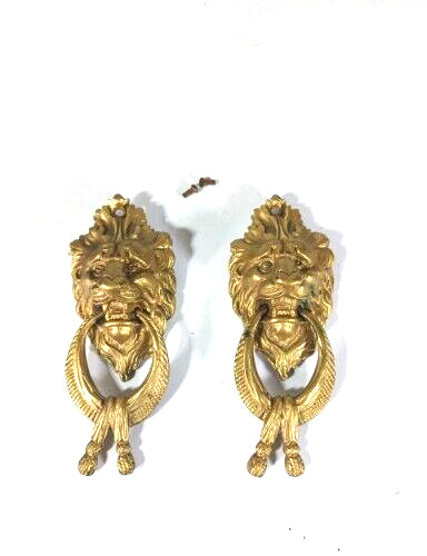Antique French Bronze Gilt Ormolu Lion Head Pair for Lamp or Vase Part 18th cent