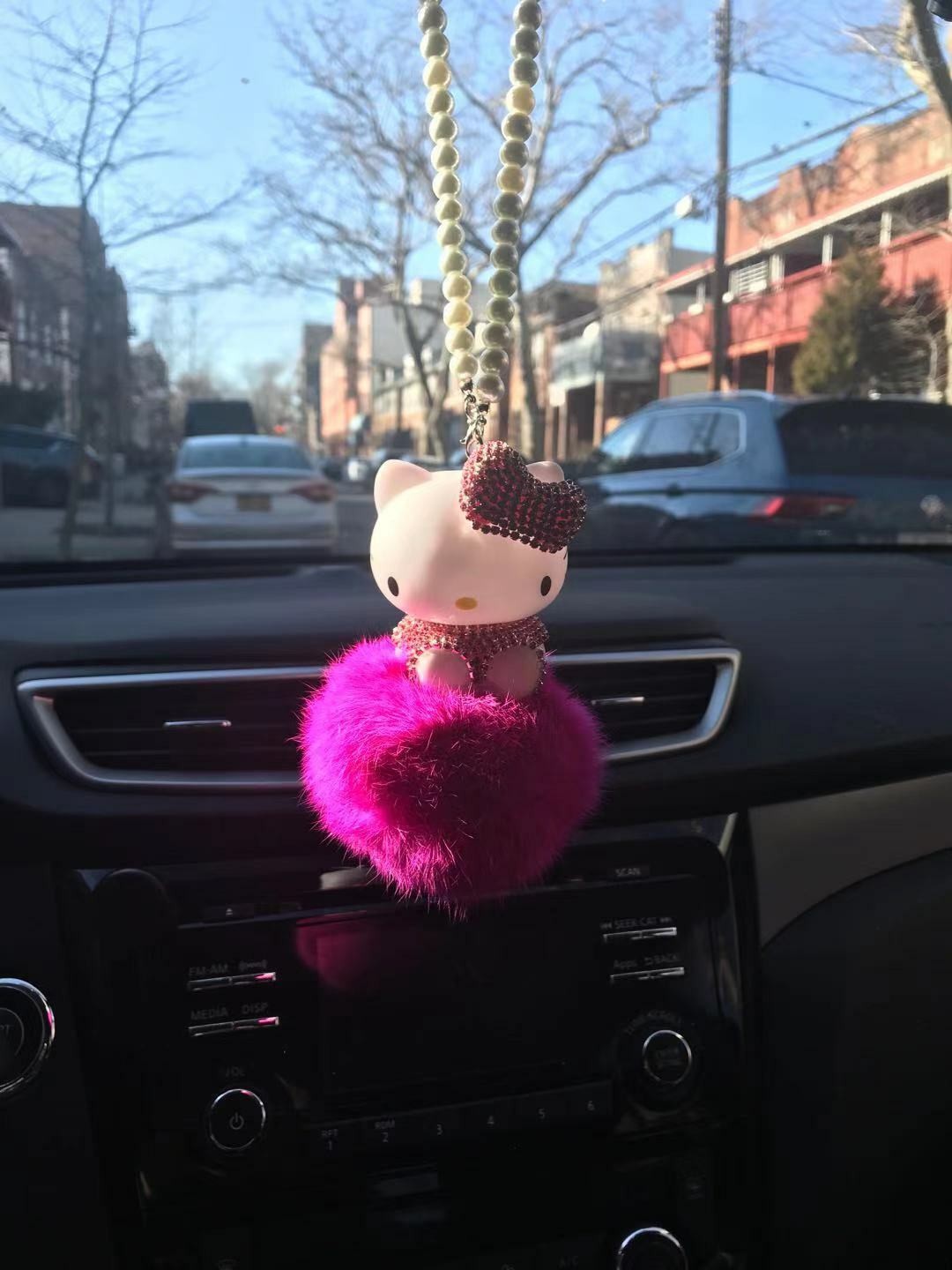 Cute Rhinestone Crystal Hello Kitty Pompom Real Fur Car Pendant