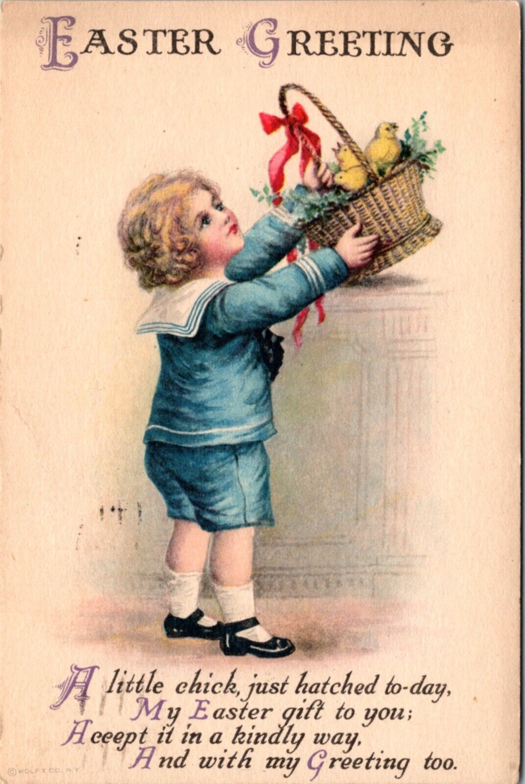 Easter Postcard Sailor Dressed Boy with a Basket of Chicks