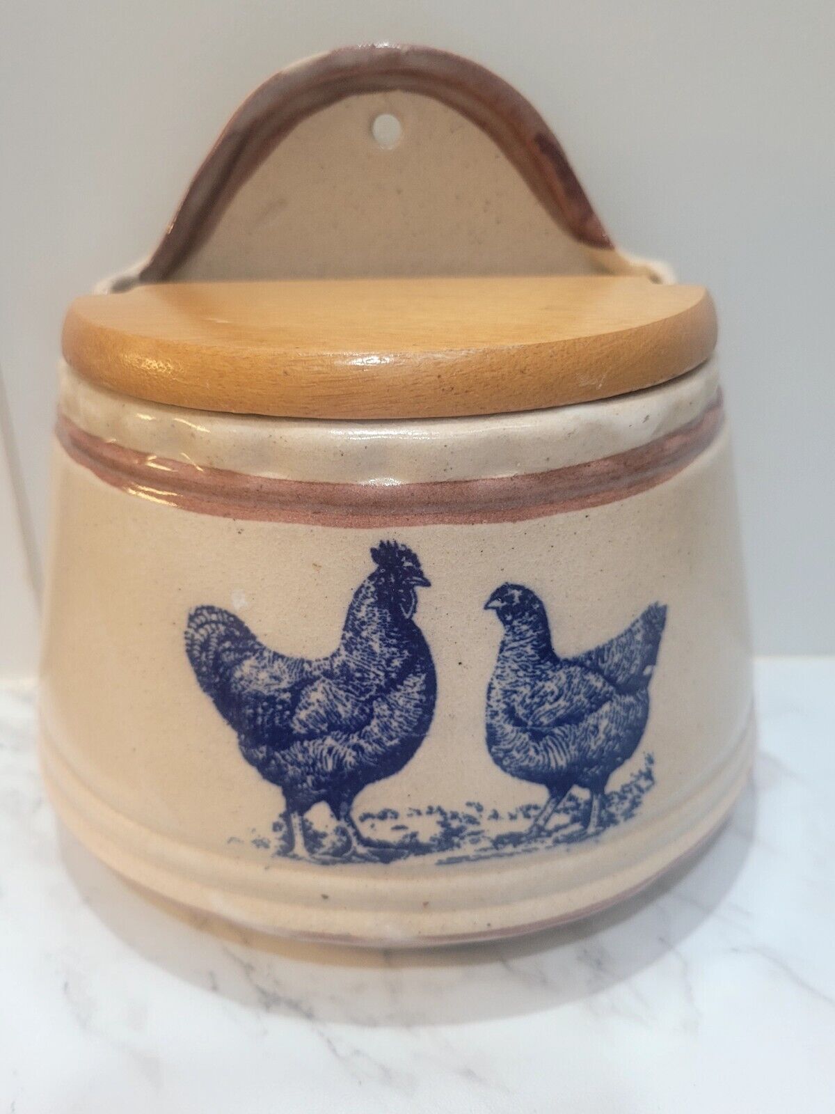 Vintage French Country Salt Box- Blue Hen Rooster Design w/Wood Lid-Precious