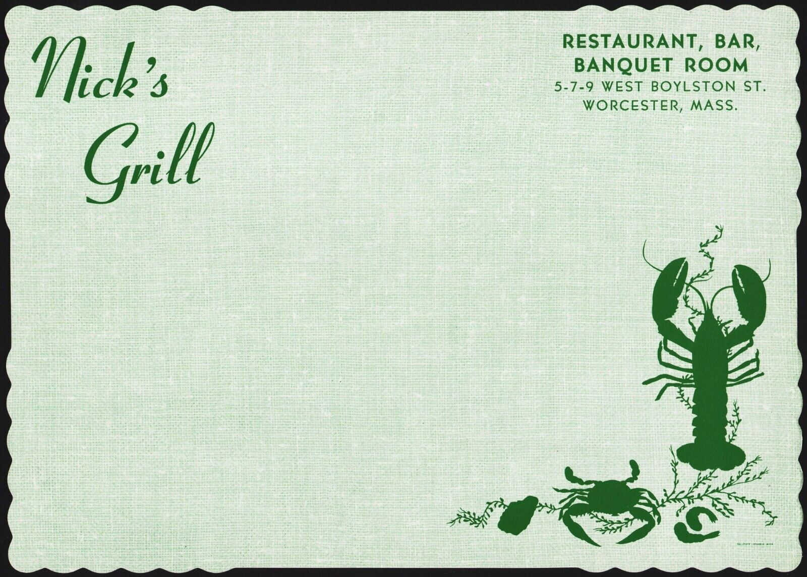 Vintage placemat NICKS GRILL Restaurant Bar lobster crab Worcester Massachusetts