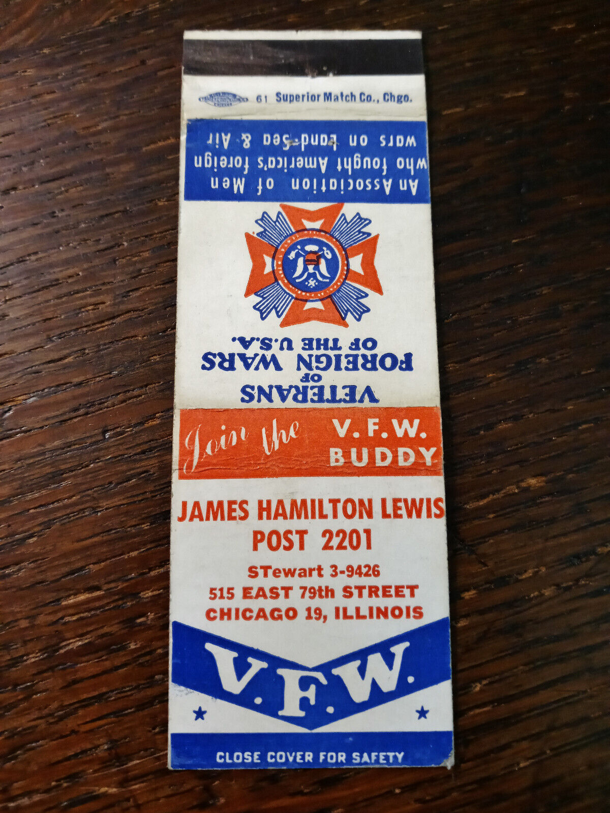 Vintage Matchcover: VFW James Hamilton Lewis Post 2201, Chicago, IL