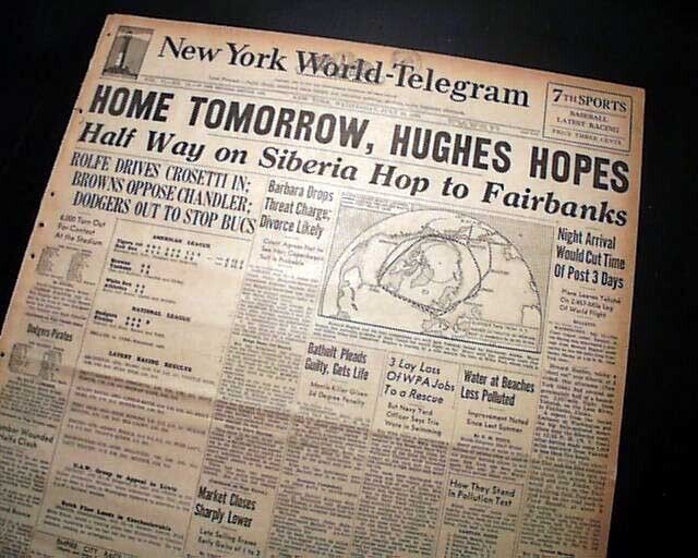 Aviator HOWARD HUGHES Famous Airplane Flight Around the World 1938 Old Newspaper