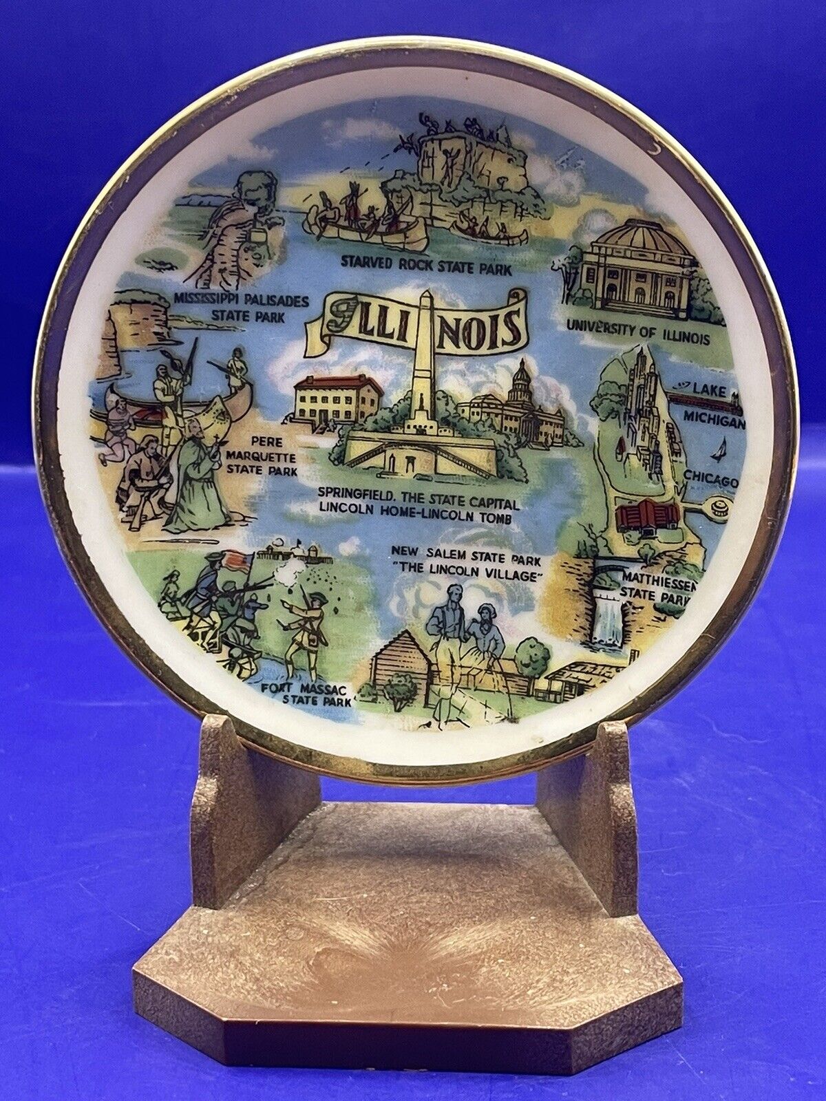 Vintage Illinois 4” Decorative Ceramic Mini Plate Travel Souvenir Springfield
