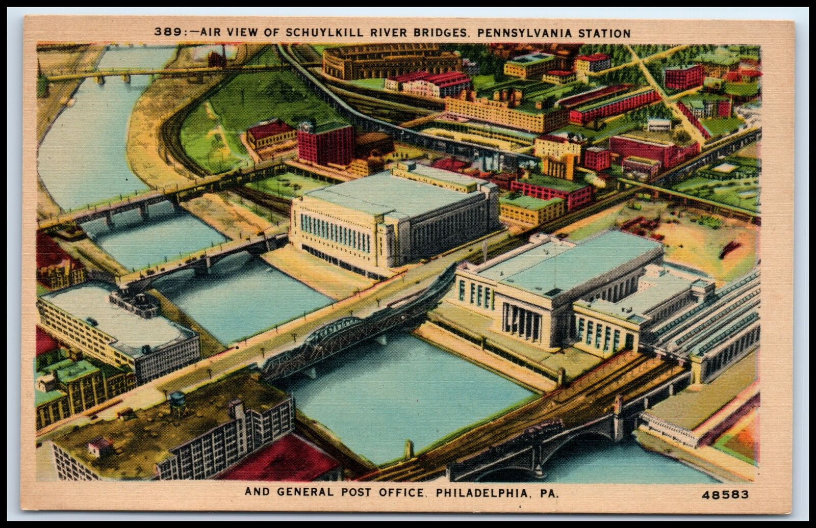 Postcard Air View Schuylkill River Bridges Post Office Philadelphia PA R30