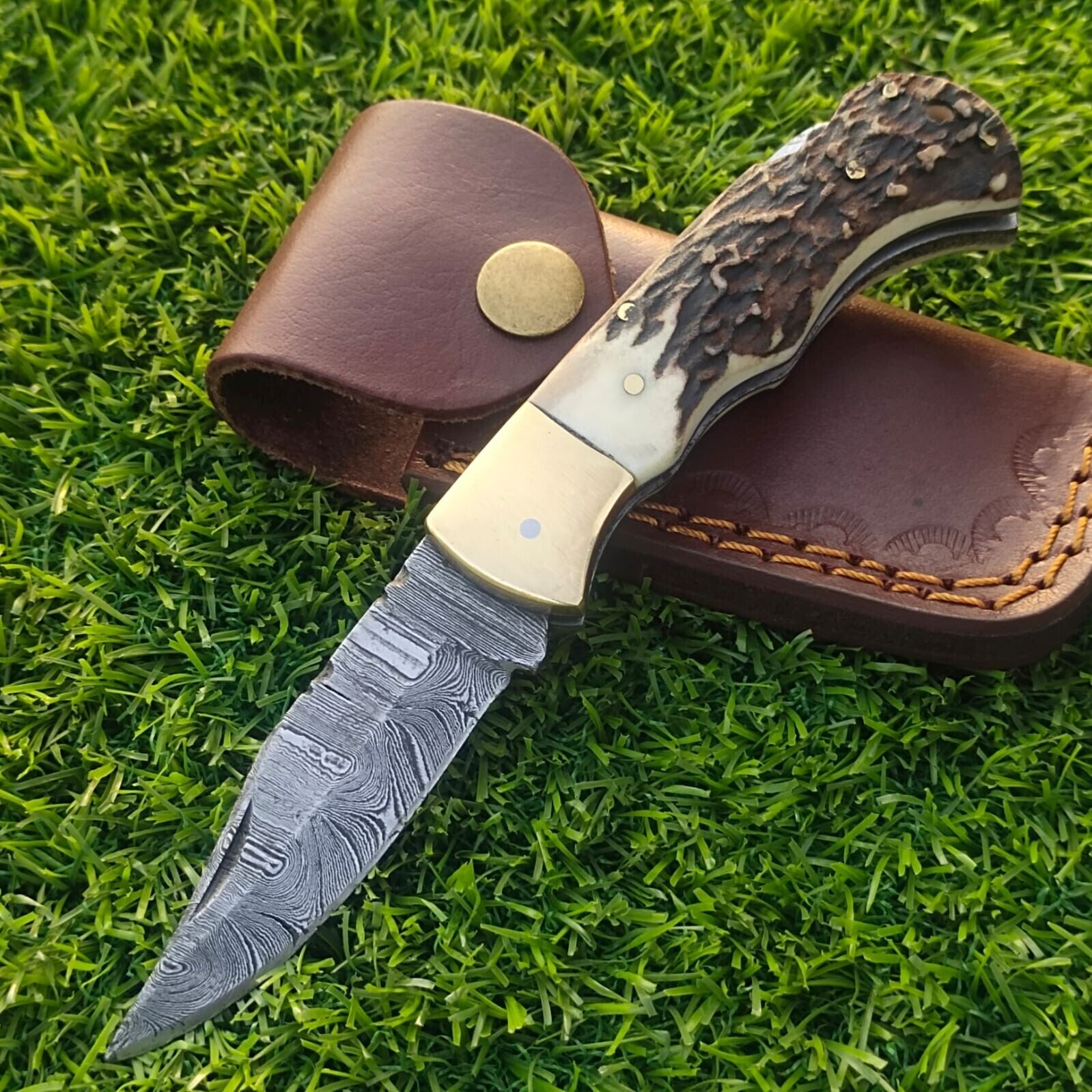 SHARD™Custom HAND FORGED Damascus Steel Hunting Folding Stag/Antler Pocket Knife