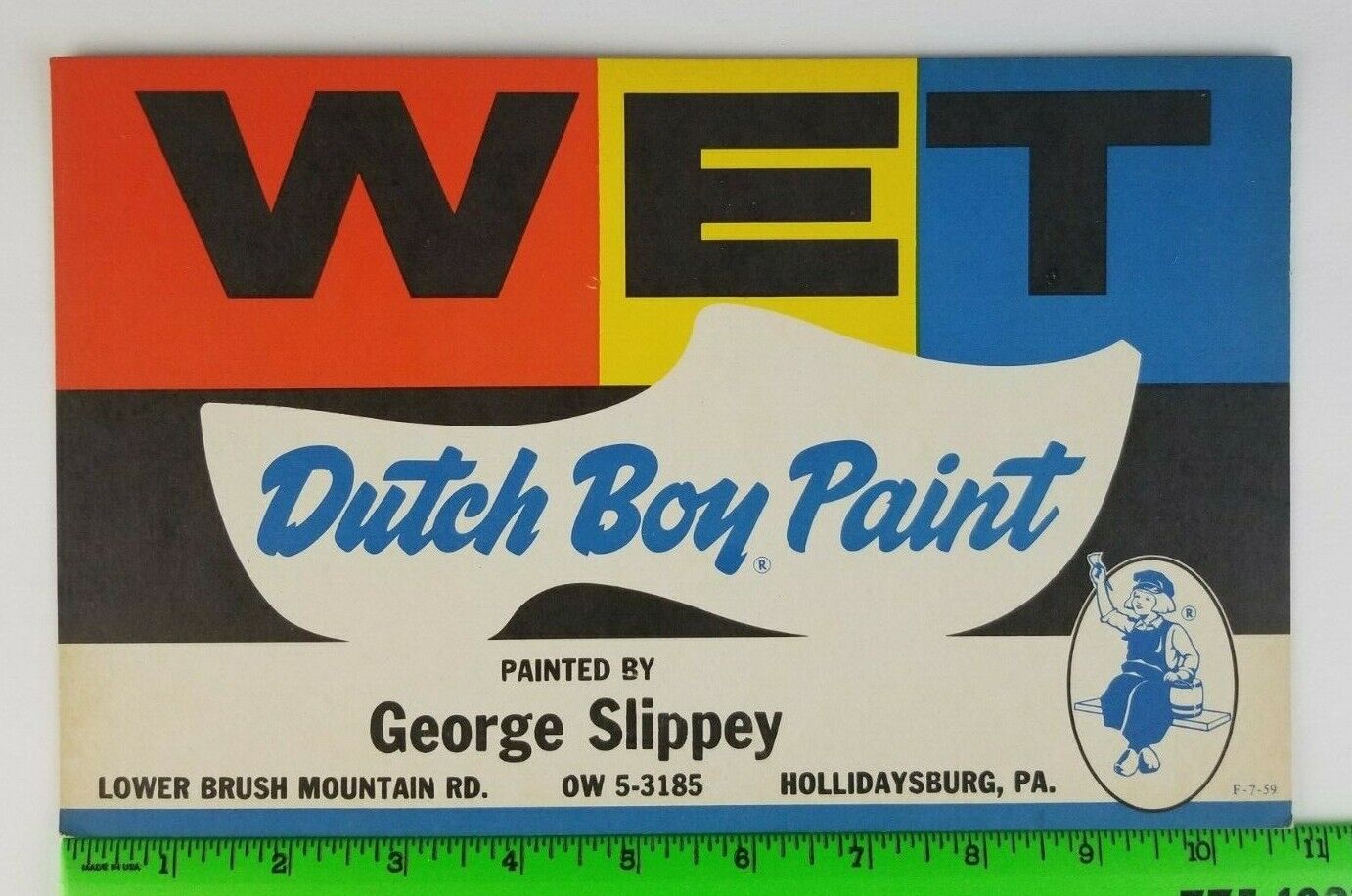 Vintage 1959 Dutch Boy Wet Paint Thin Cardboard Sign Hollidaysburg PA.