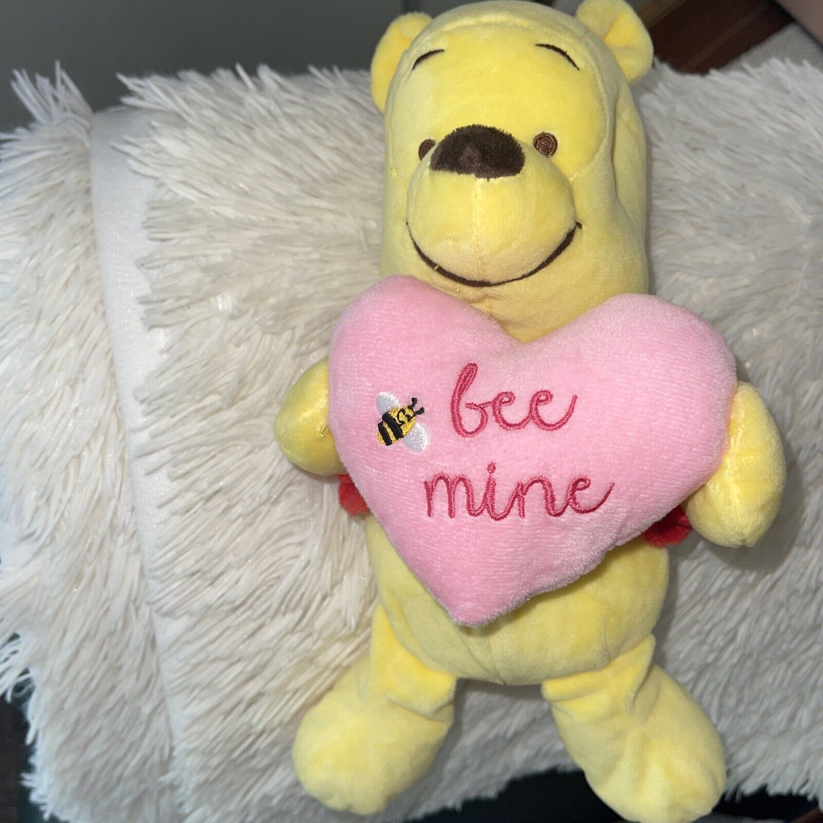 Disney Baby Winnie The Pooh Plush Holding Pink Heart Bee Mine