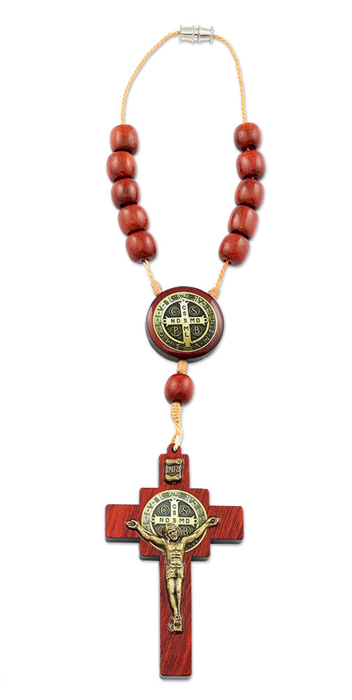 Saint Benedict Cross Car Rearview Mirror Protection Rosary, Cherry Wood Beads