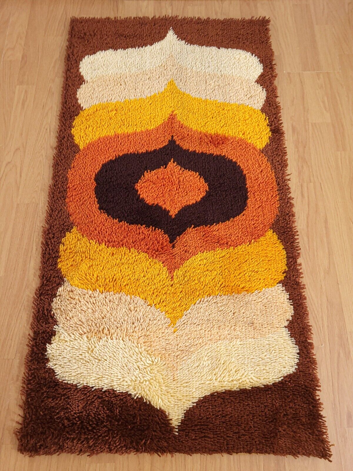 70s high pile acrylic wool rug orange brown mustard-yellow vintage mid century