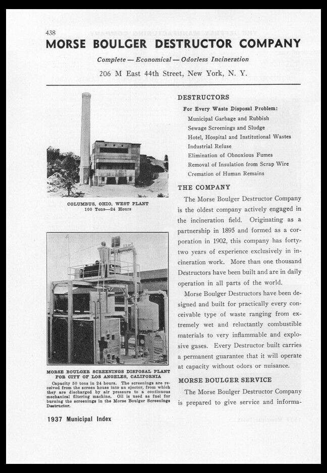 1937 Morse Boulger Destructor Columbus OH plant  Vintage trade print ad