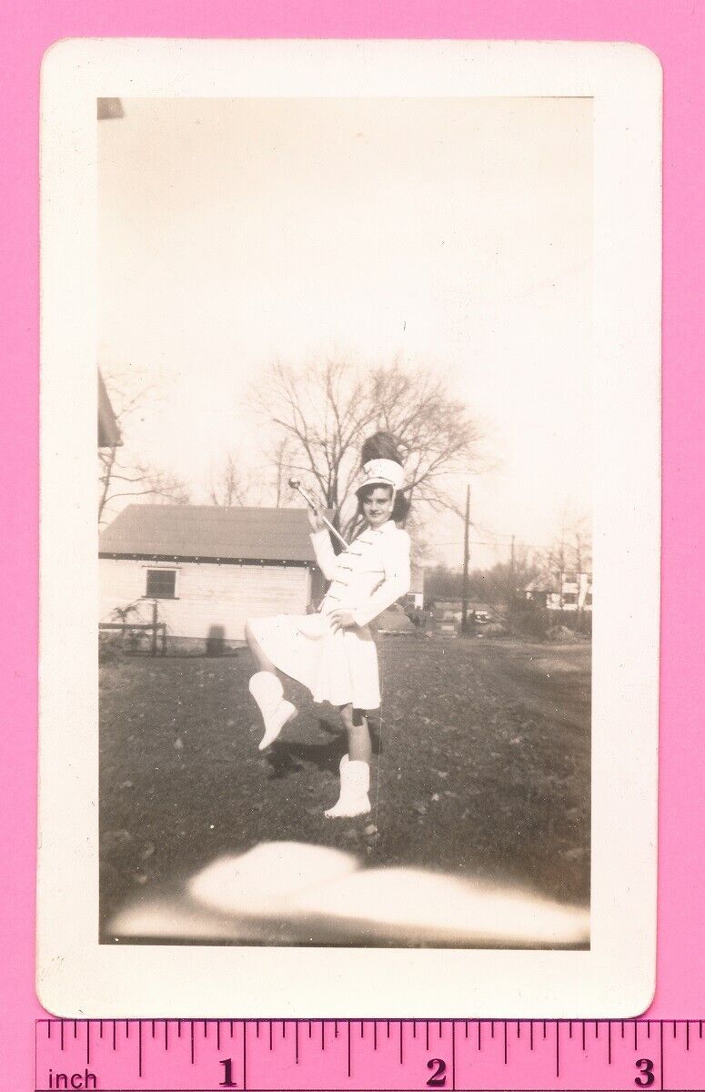 High School Teen Girl Drum Major Majorette Uniform 1943 Vintage Snapshot Photo