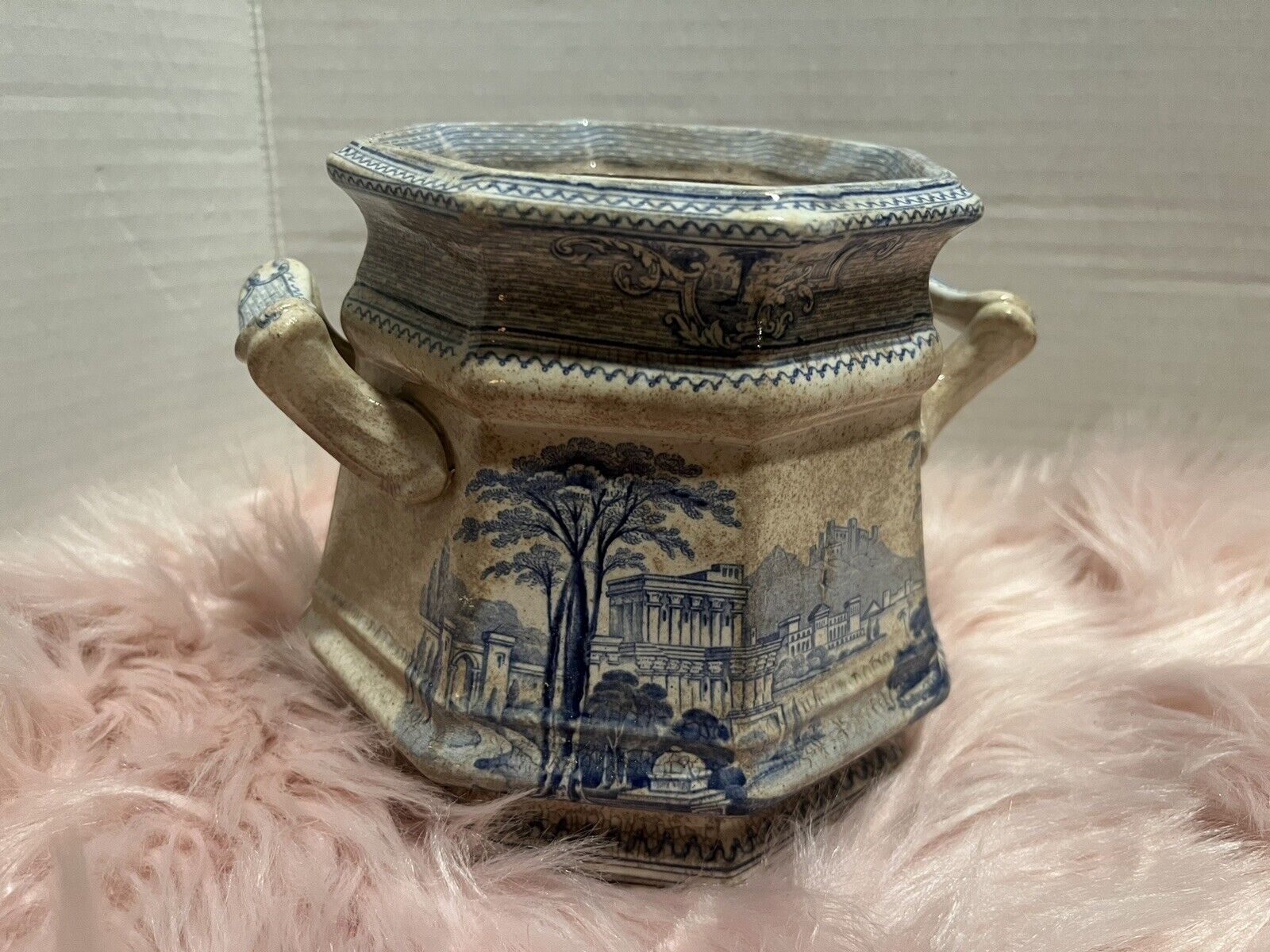 Antique John Ridgway Blue Transfer Palestine Pattern Large Sugar Jar 1830-41