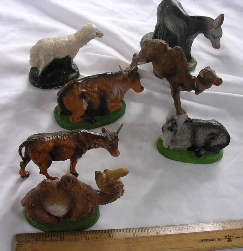 #RM Lot 7 Vintage Nativity Animals Composition Paper Mache  Donkeys Cows Camels
