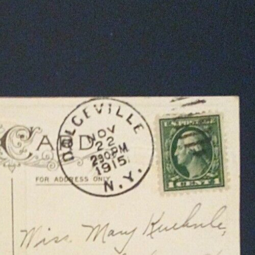 HAND STAMP DUPLEX 1915 DOLGEVILLE, NY PC COVER THANKSGIVING GREETINGS