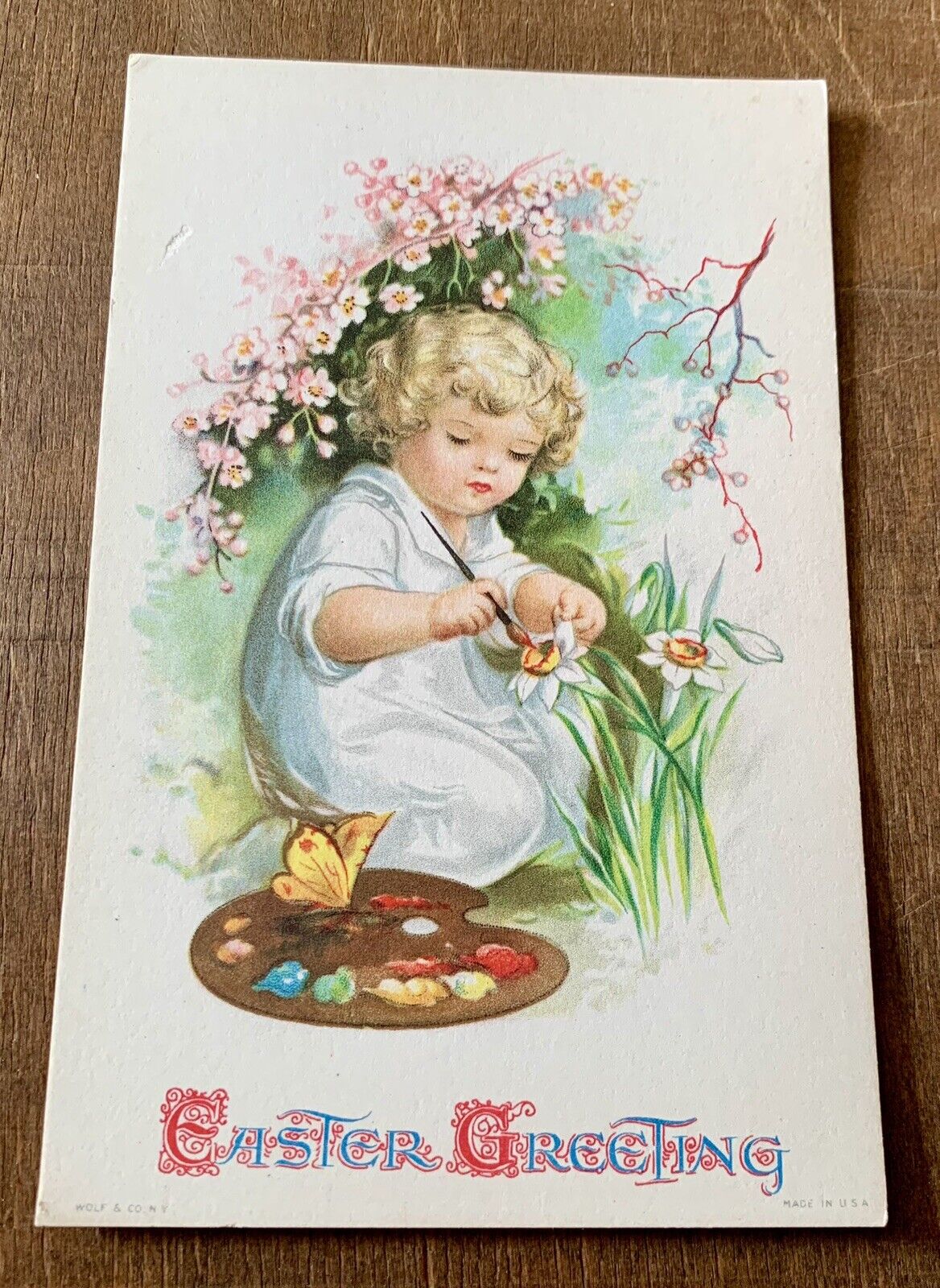 Vintage Wolf Easter Postcard  - Ellen Clapsaddle - Girl Paints Daffodils
