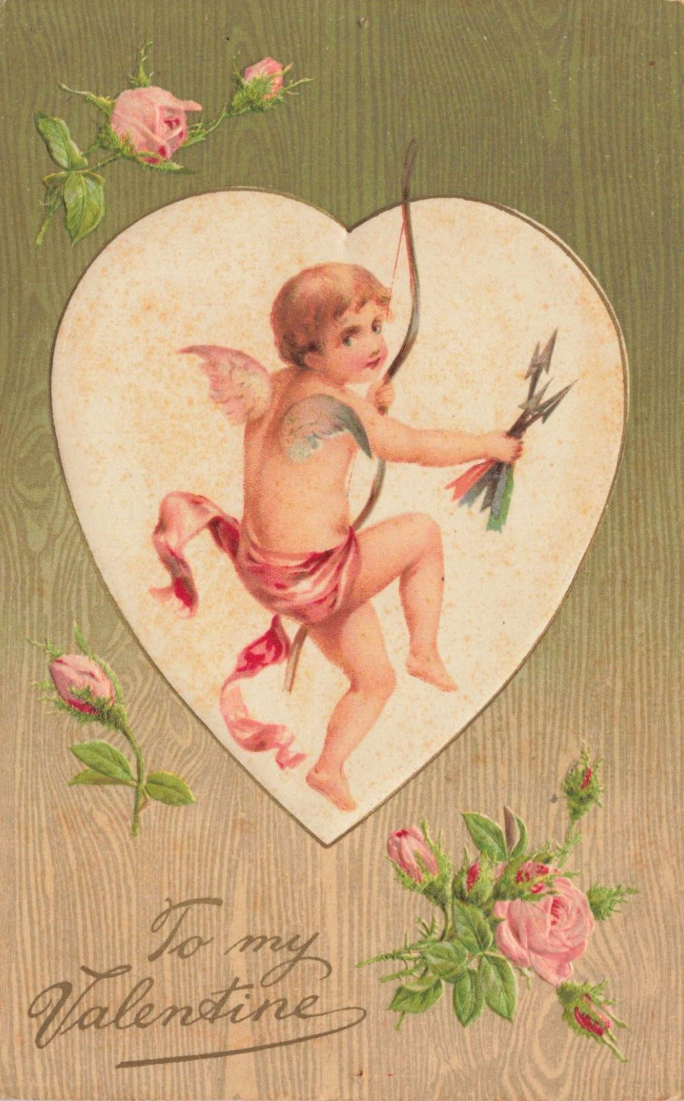 Postcard To My Valentine Cupid Flowers Embossed 1910