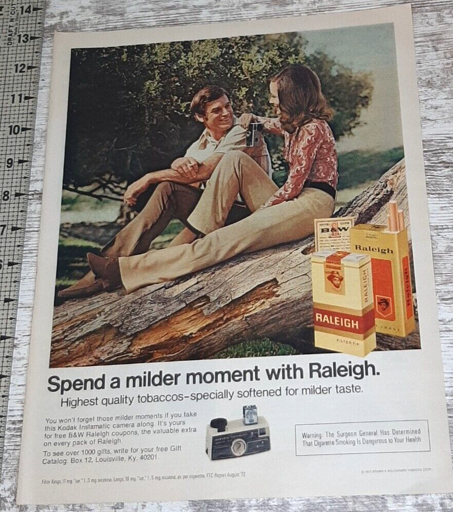 1972 Raleigh Vintage Print Ad Cigarettes Tobacco Man Woman Nature Kodak Camera