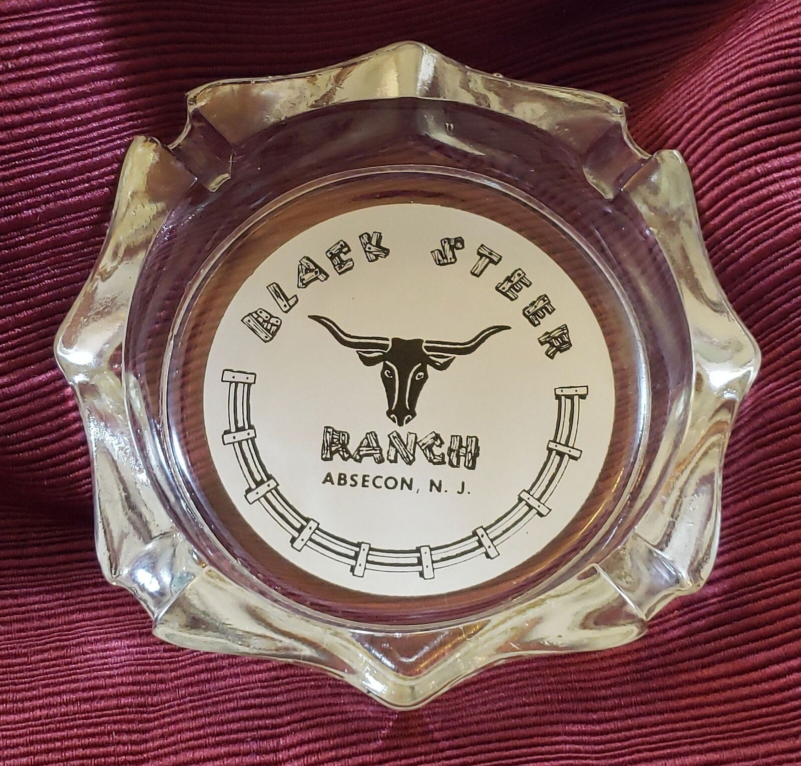 Vintage Black Steer Ranch Ashtray In Clear Glass, White and Black Printing
