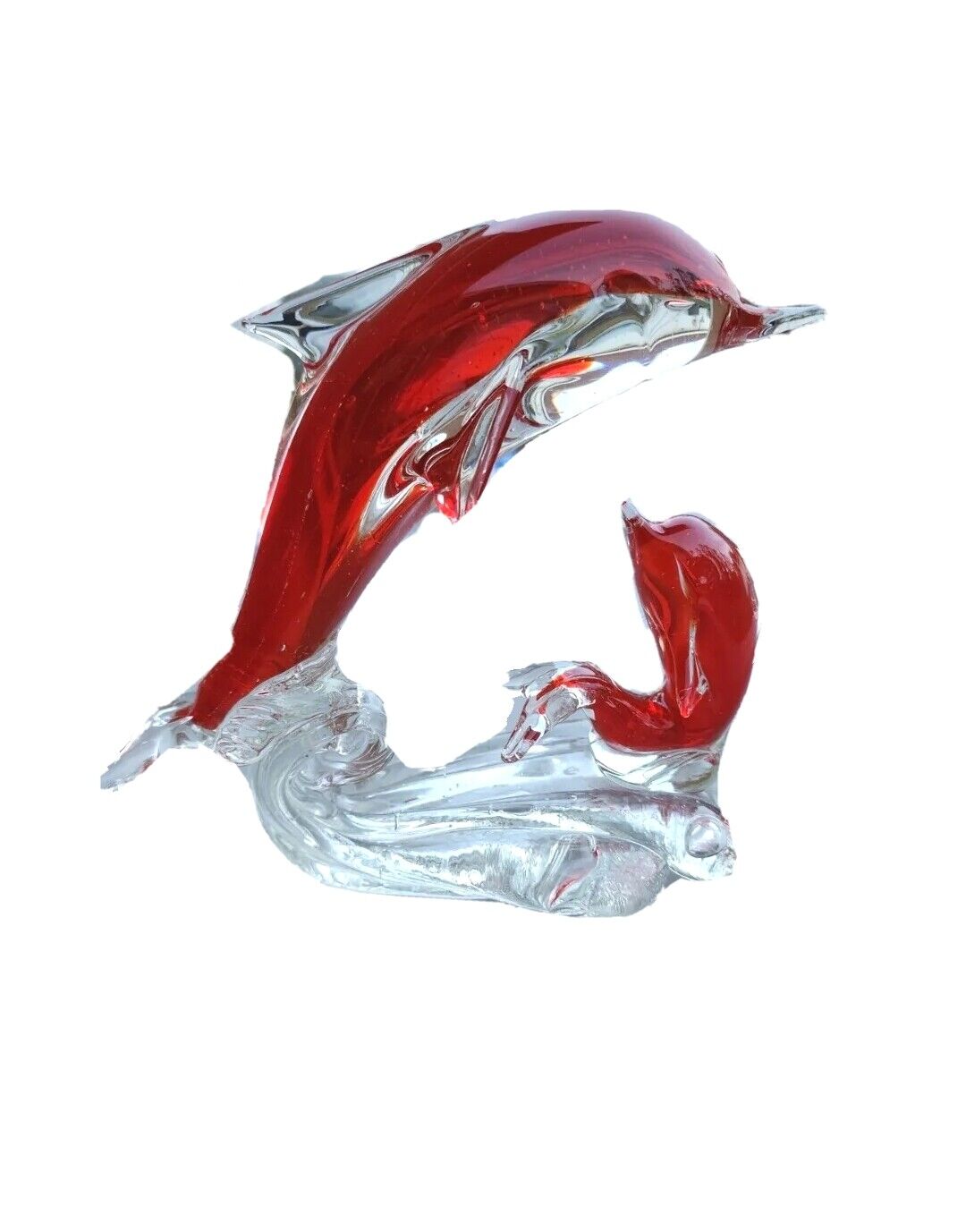 Vintage Handblown Red & Clear Art Glass Mother Baby Dolphin on Sea Waves Statue