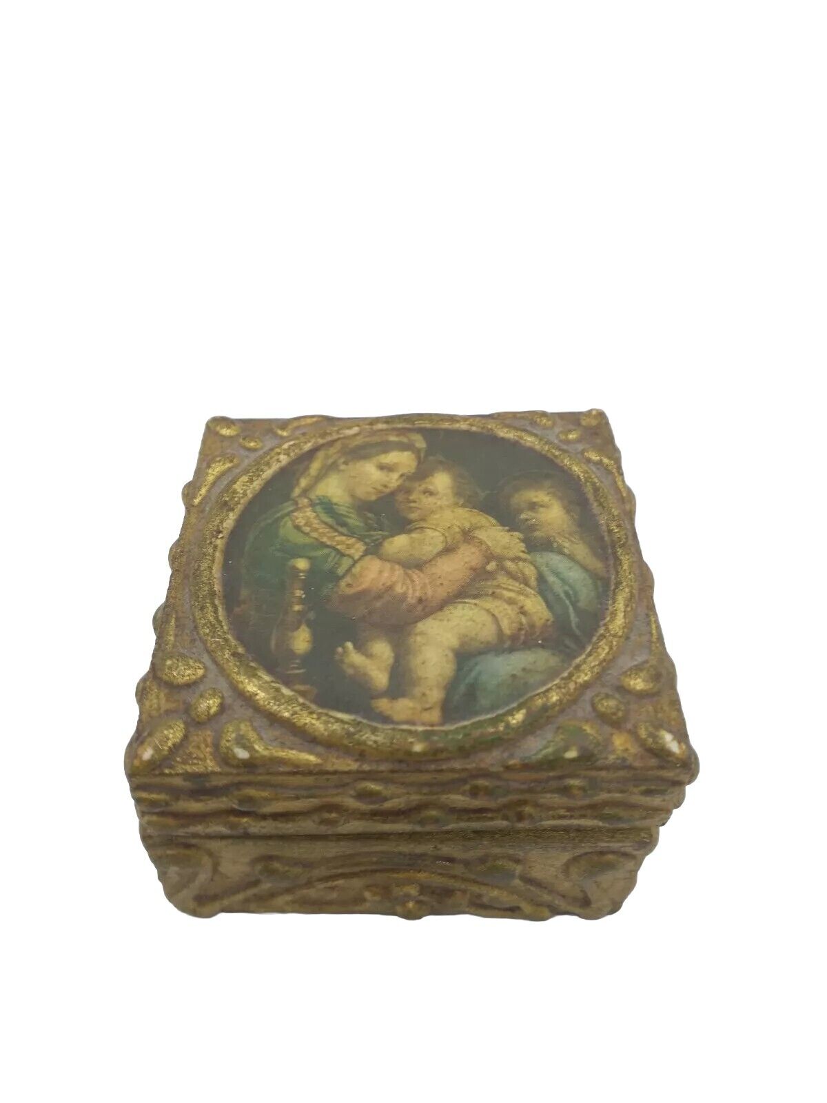 Vintage Italian Italy Rafael Madonna & Child Gold Gesso Small Wood Trinket Box