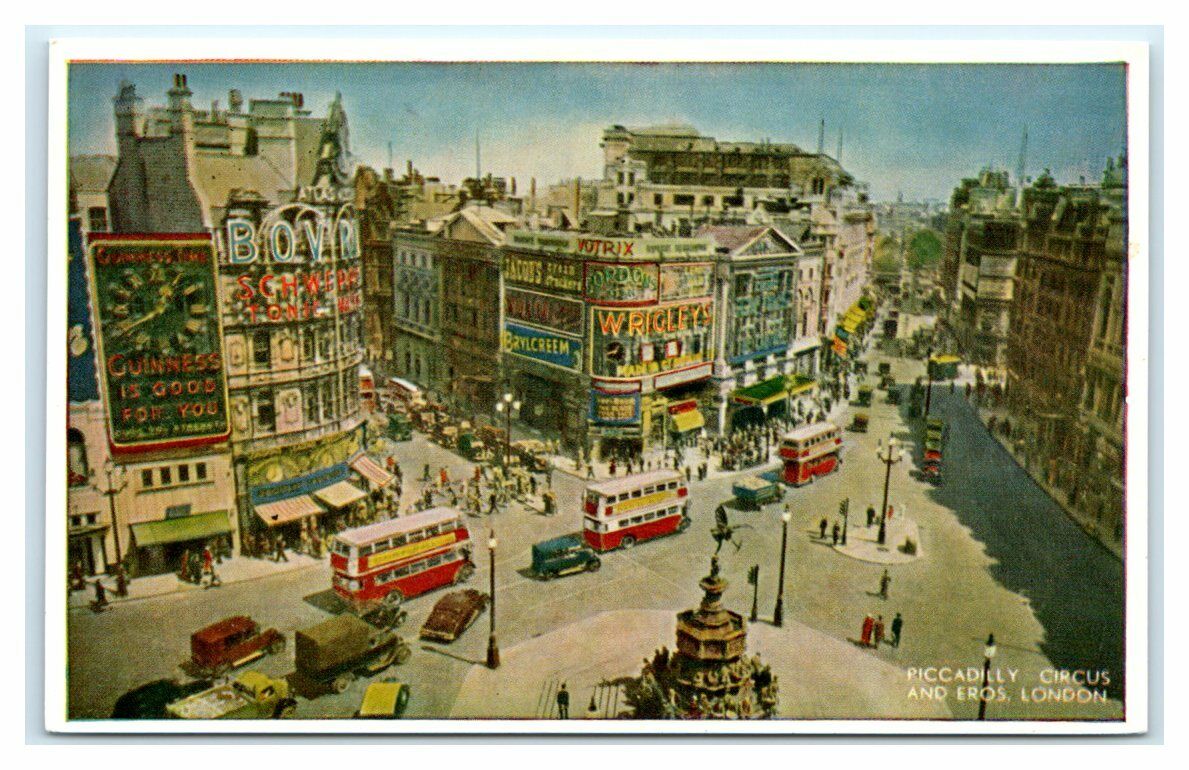 Piccadilly Circus and Eros London England UK 1950\'s Art Postcard 