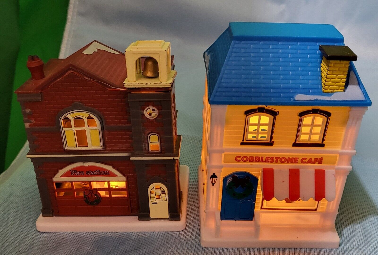2 of Cobblestone Corners Christmas Miniatures Lighted Firehouse & Cafe