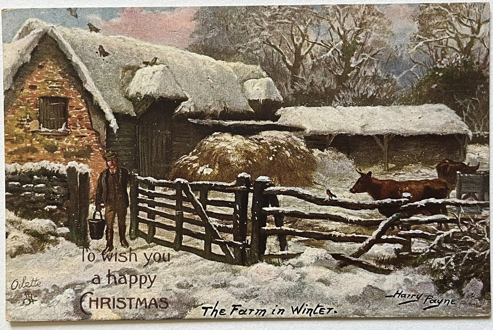 Antique Christmas Farm in Winters Mantle Tuck Oilette 9530 Postcard 1909