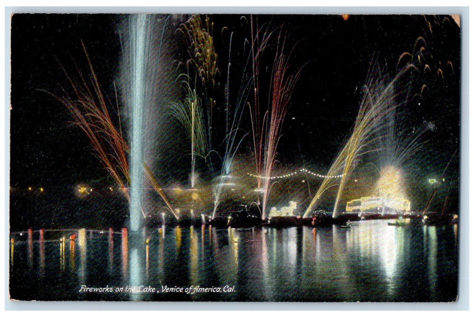 c1910 Fireworks Lake Night View Venice America California CA Antique Postcard