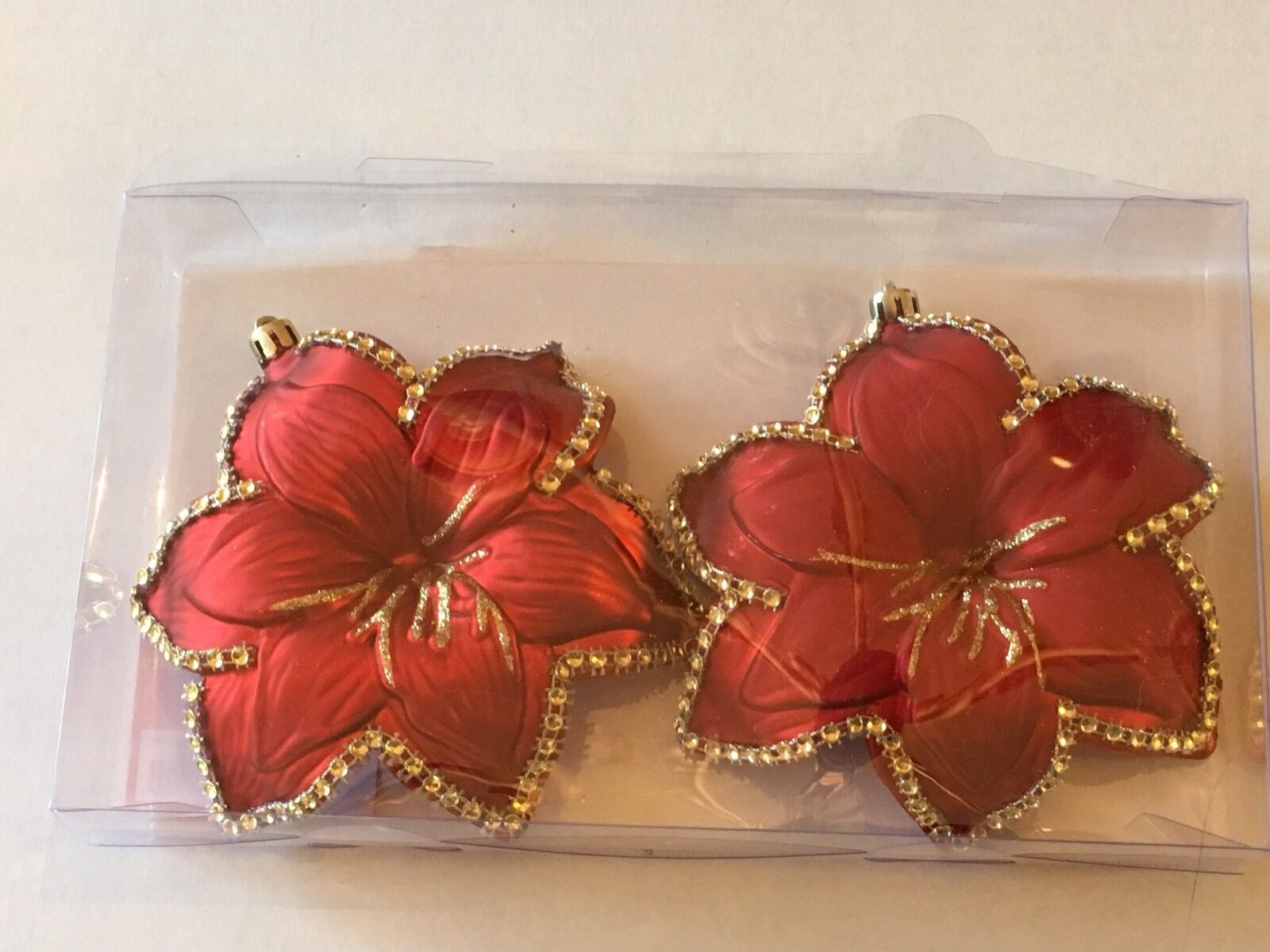 Pair Red Amaryllis Poinsettia Flower Christmas Ornament Gold Jewel Shatter-proof