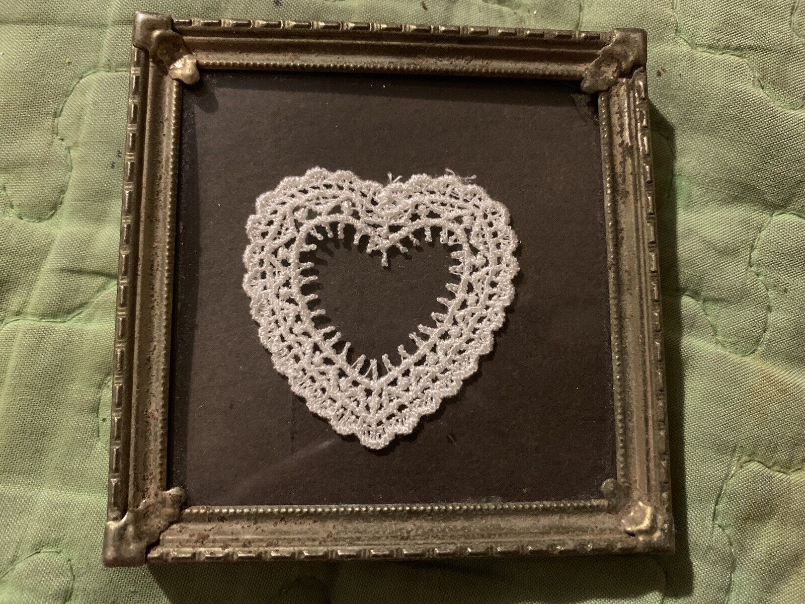 Vintage Crochet Heart In Miniature Gold Metal Frame